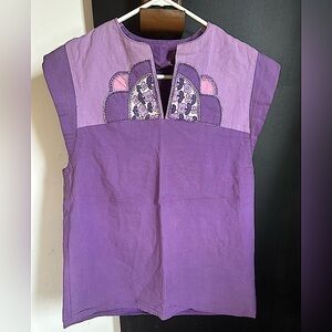 Vintage 70s/80s Boho Patchwork Purple Cotton Embroidered Top Size XS/S